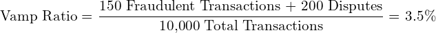 \[  \text{Vamp Ratio = }\frac{\text{150  Fraudulent Transactions + 200 Disputes}}{\text{10,000 Total Transactions}} \text{ = 3.5\%} \]