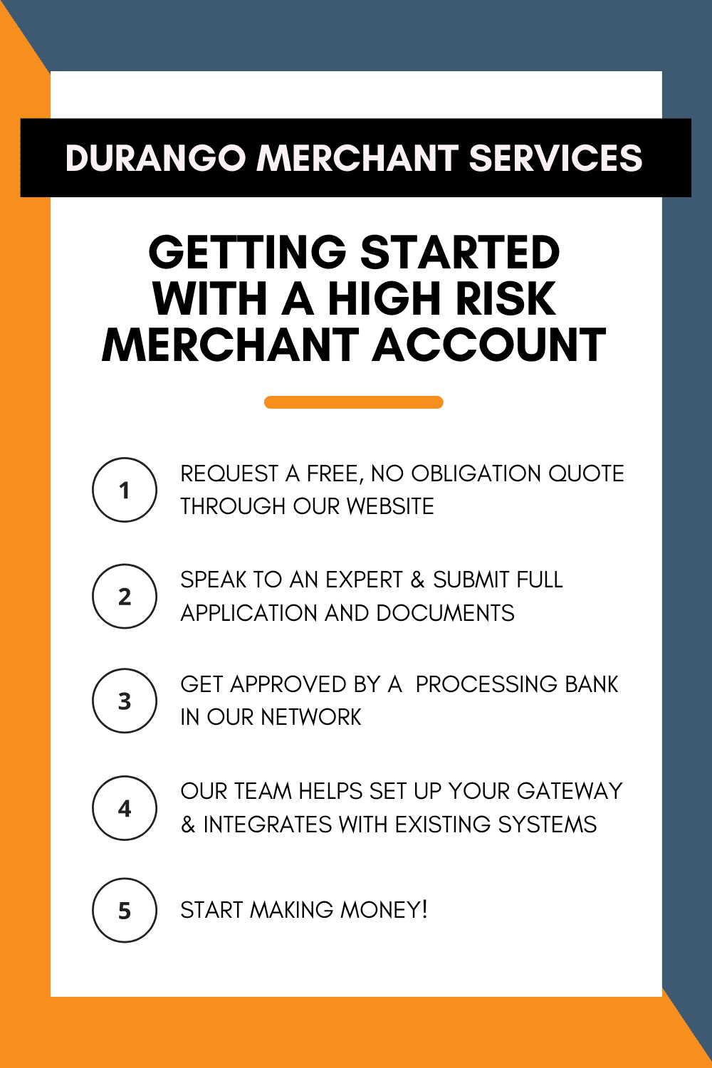 Getting started with a high risk merchant account: 1) Request a free no obligation quote through our website 2) Speak to an expert and submit full application and documents 3) Get approved by the processing bank in our network 4) Our team sets up your gateway and integrates with existing systems 5) Start making money! 